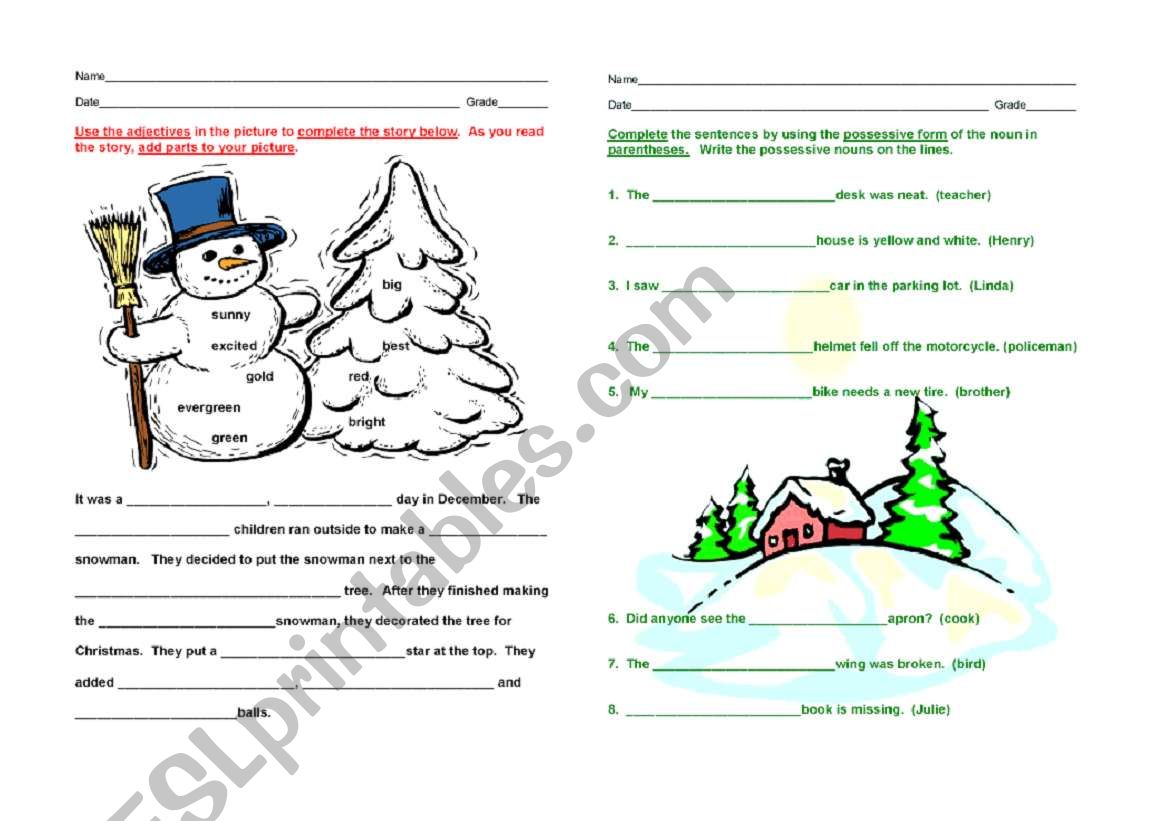 Nouns and Adjectives (winter) worksheet