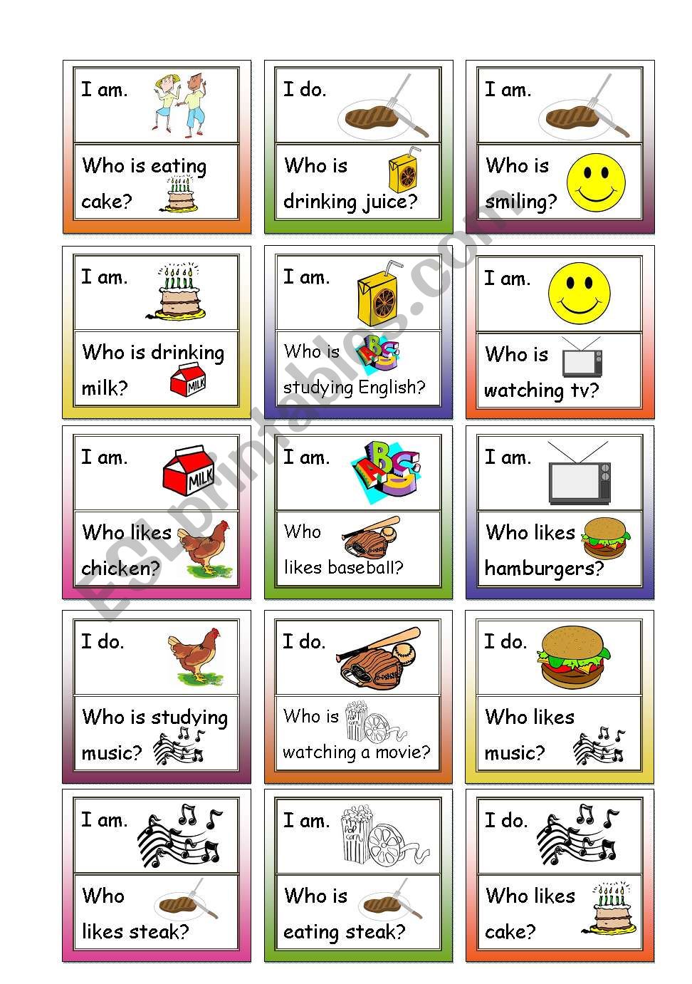 LOOP GAME! Fun speaking activity, 24 cards, for Beginners, B4 paper, practice reading and listening to questions and answers