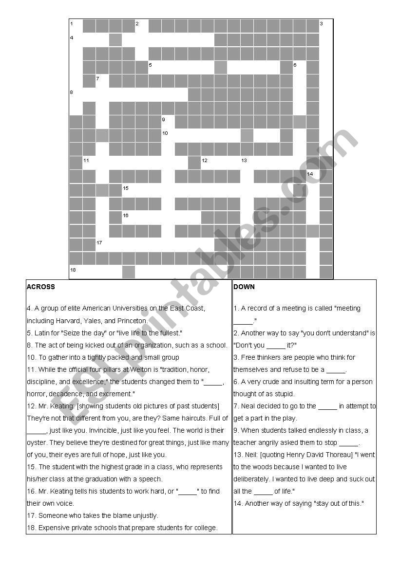 Dead Poets Society: Crossword Puzzle