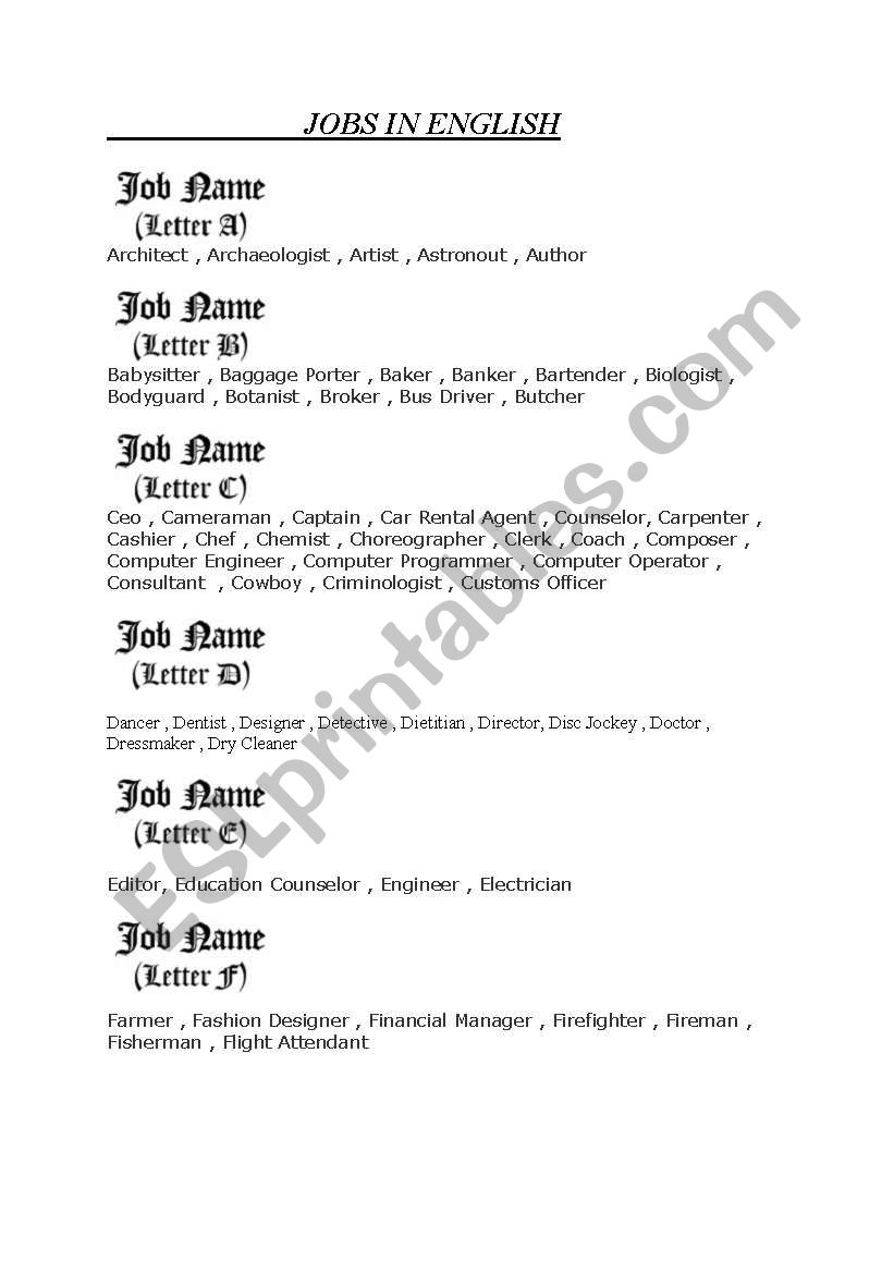 jobs in English worksheet
