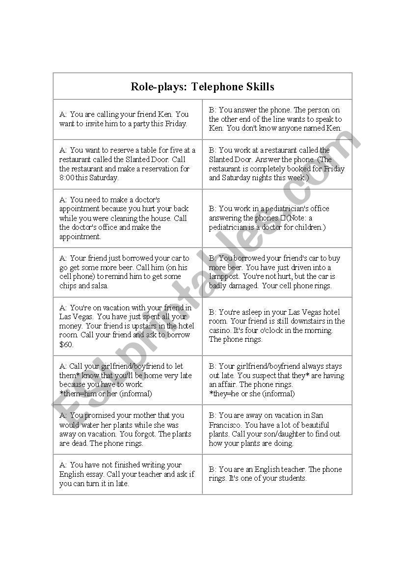 Telephone Role Plays worksheet