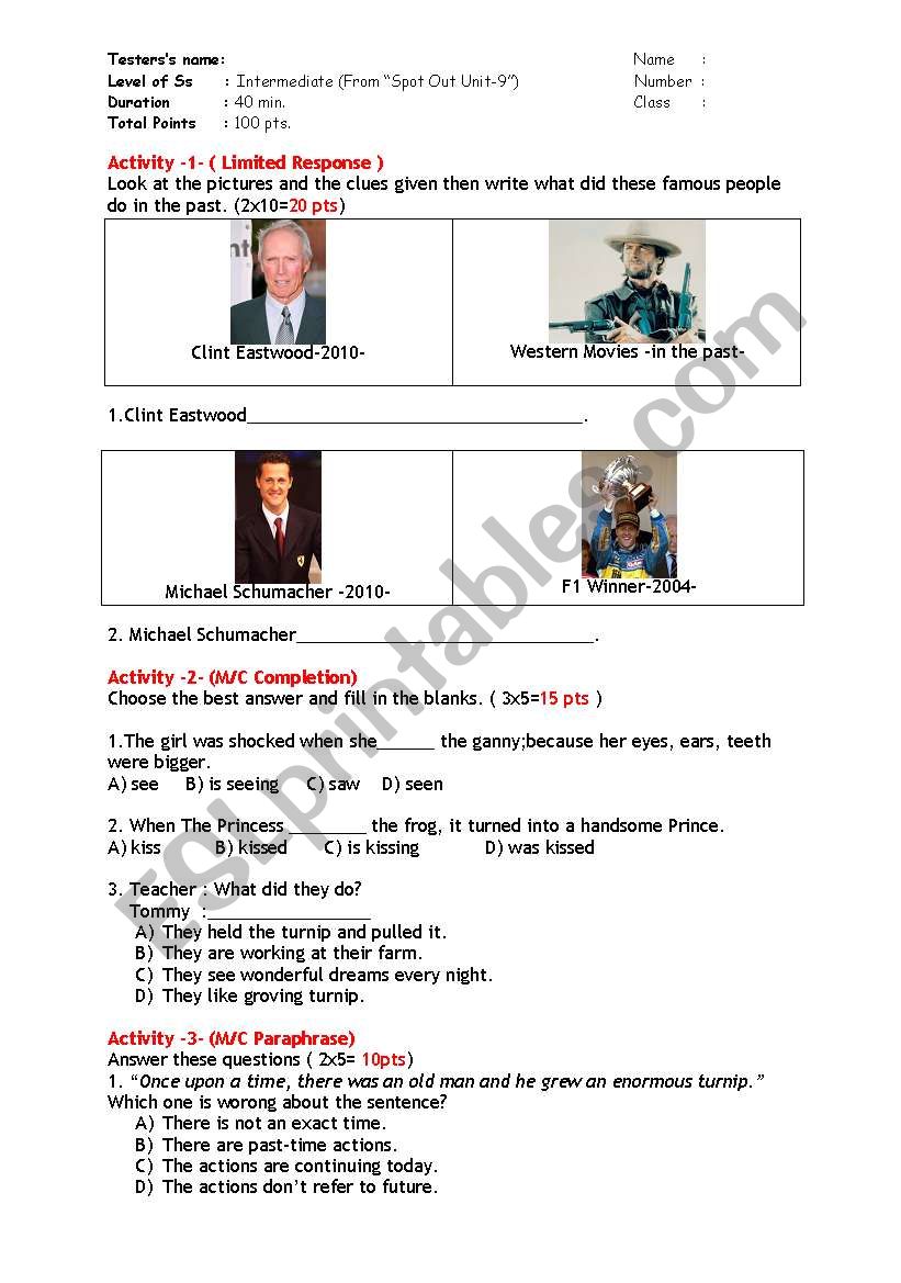 Simple Past Grammar Test - Limited Response - Multiple Choice Completion / Paraphrase - Simple Completion - Cloze Test 