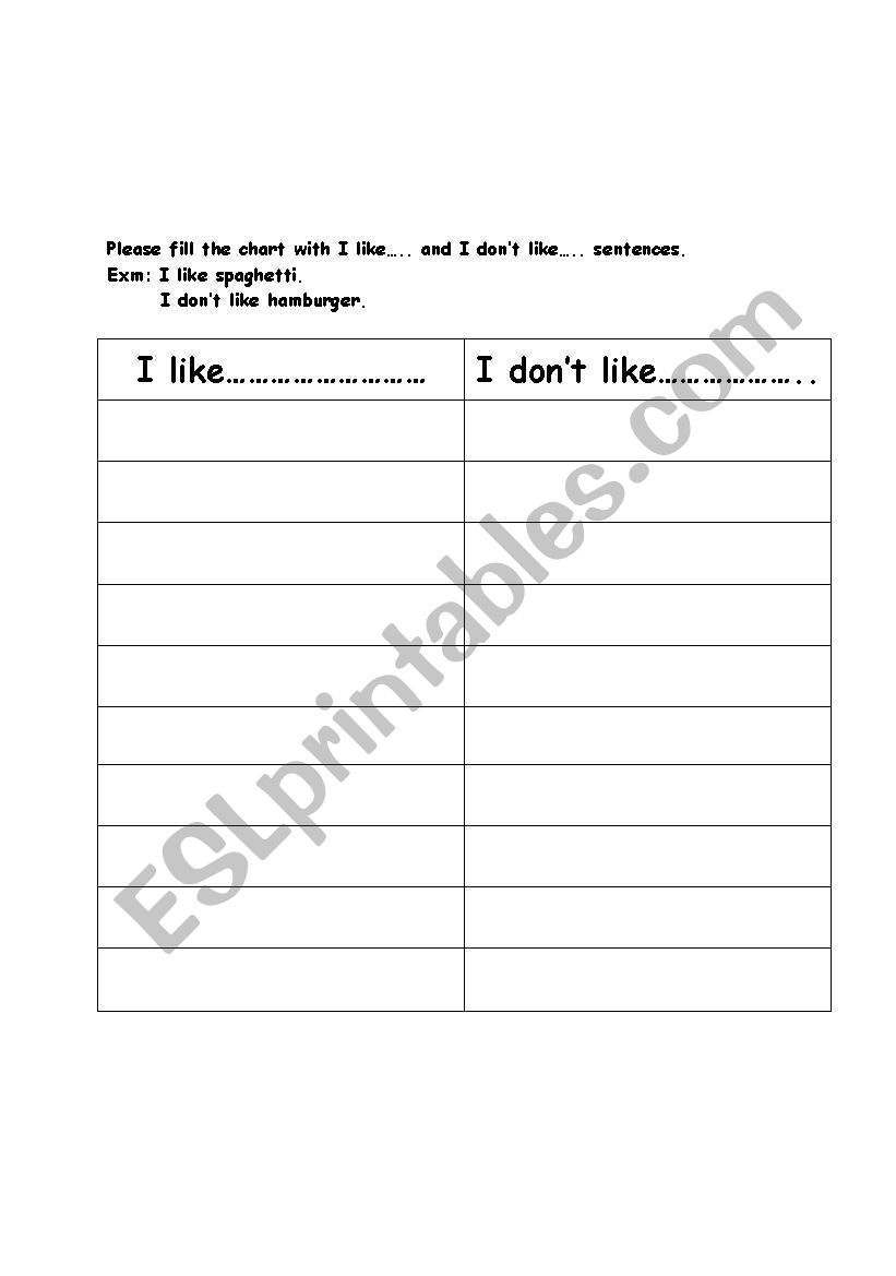 like/dislike worksheet