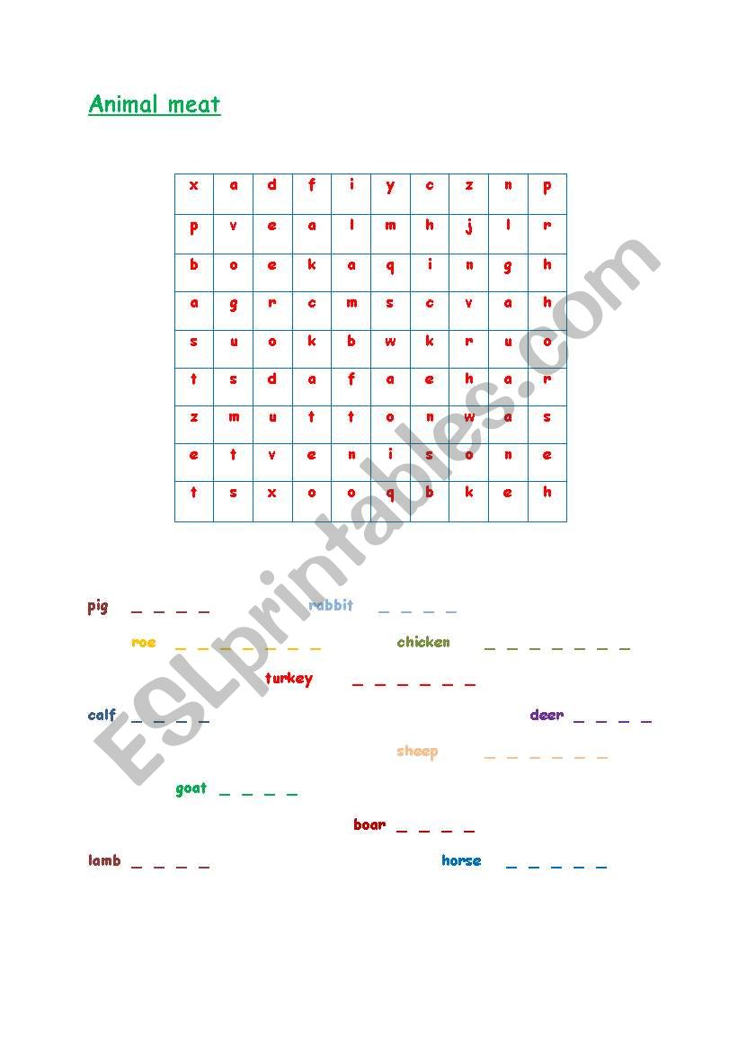 animal meat crossword worksheet