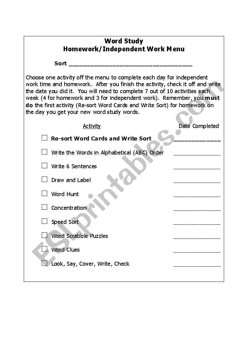 Word Study worksheet