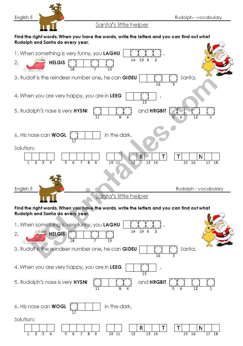 Rudolph the red-nosed reindeer, vocabulary exercise