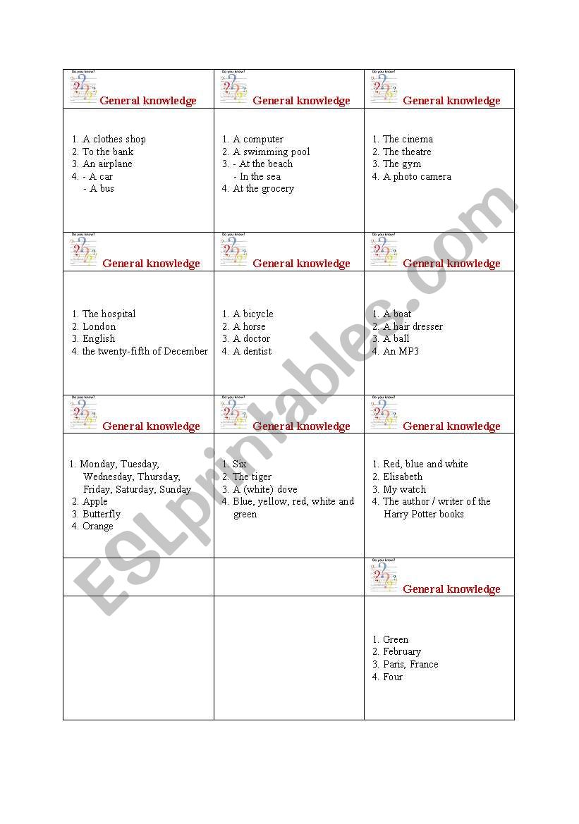 Board game cards worksheet