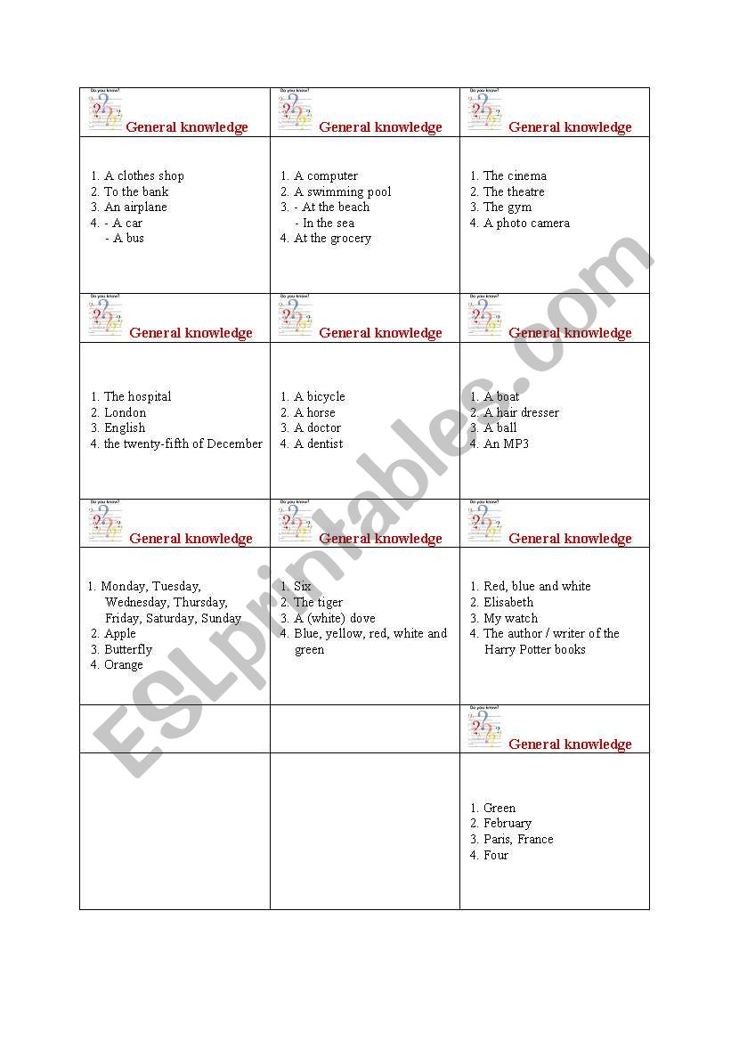 Board game cards worksheet