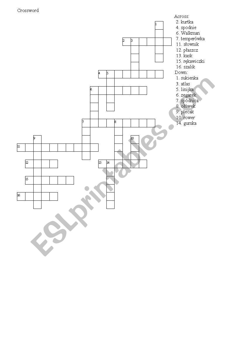 objects crossword worksheet