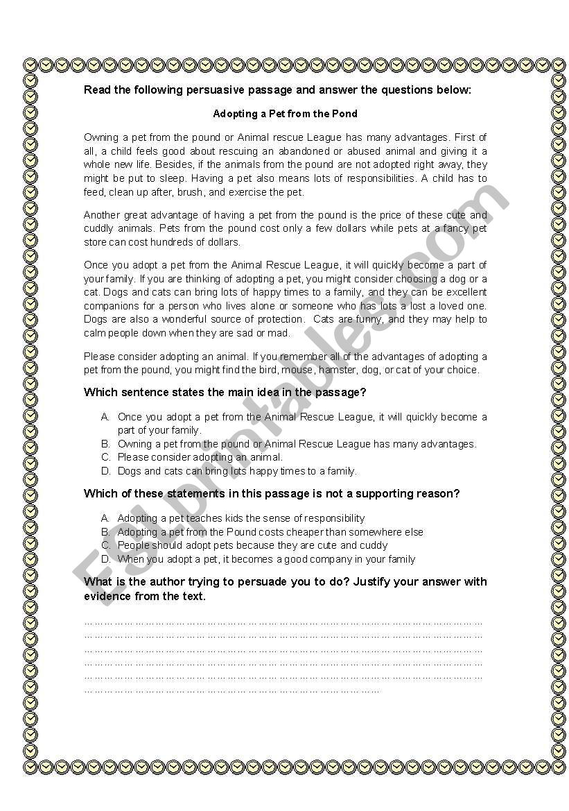 Adopting a pet from the Pond worksheet