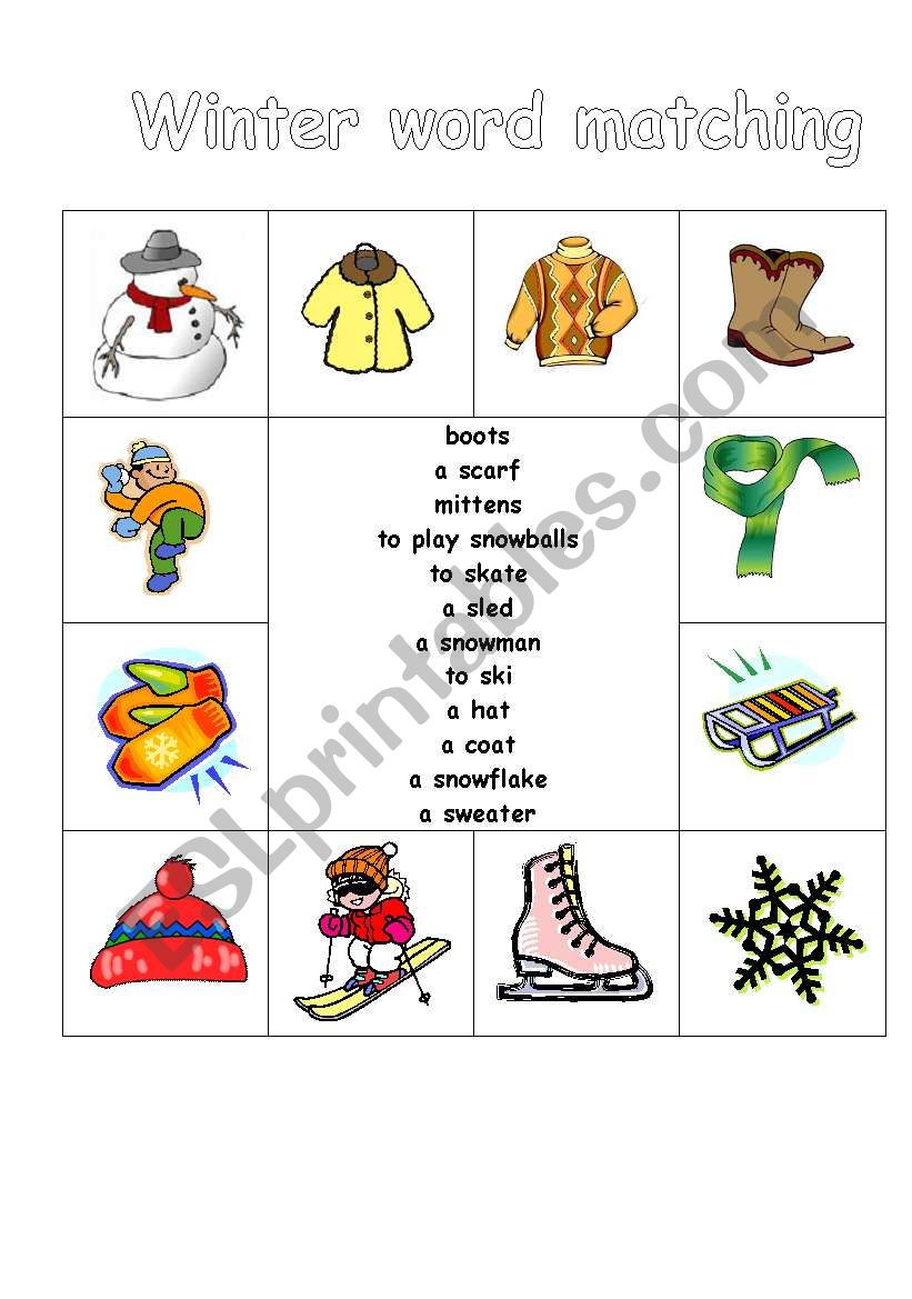 winter word matching worksheet