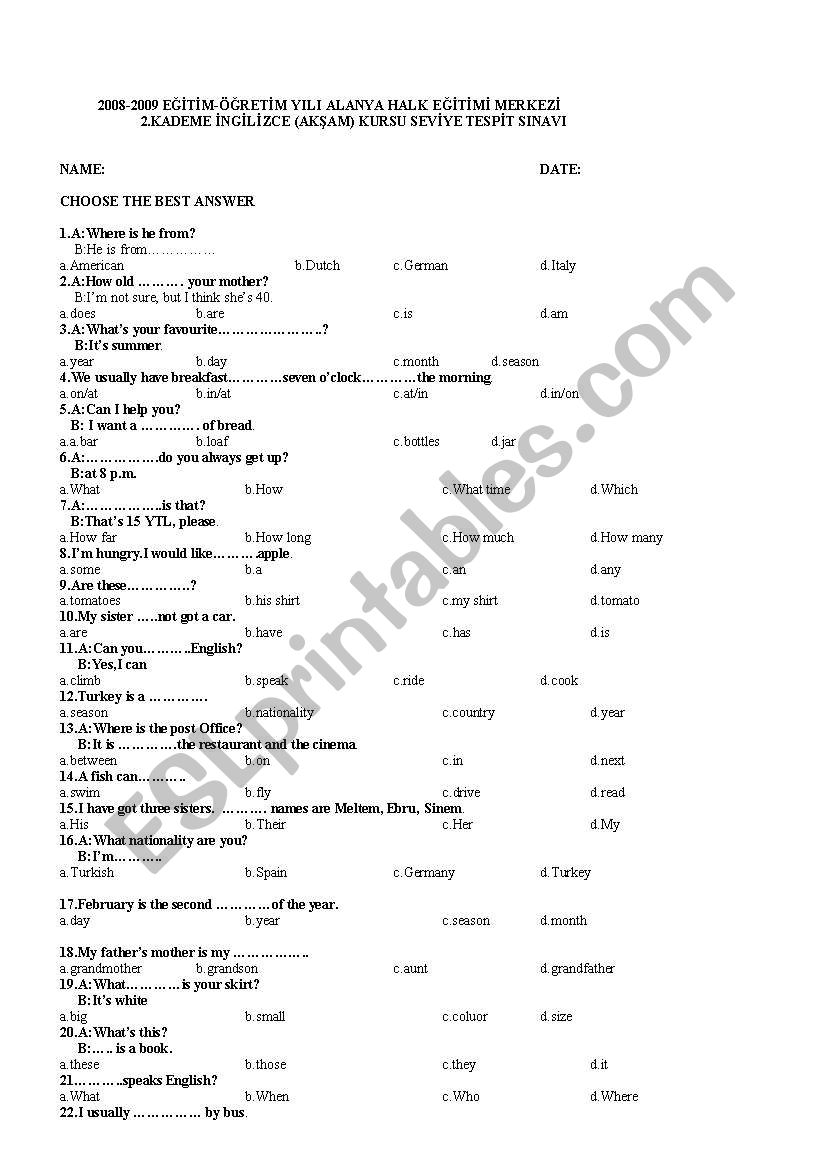 elementary multiple choice test