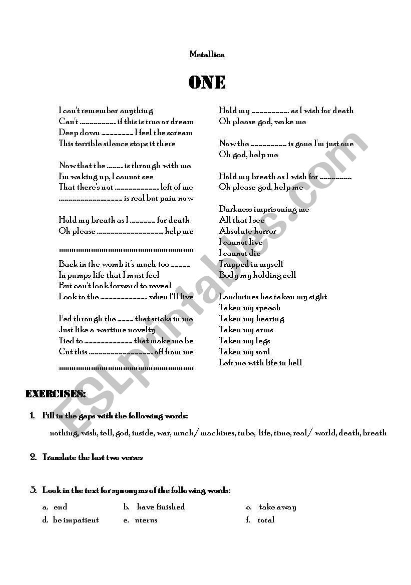 Metallica - One+Exercises worksheet