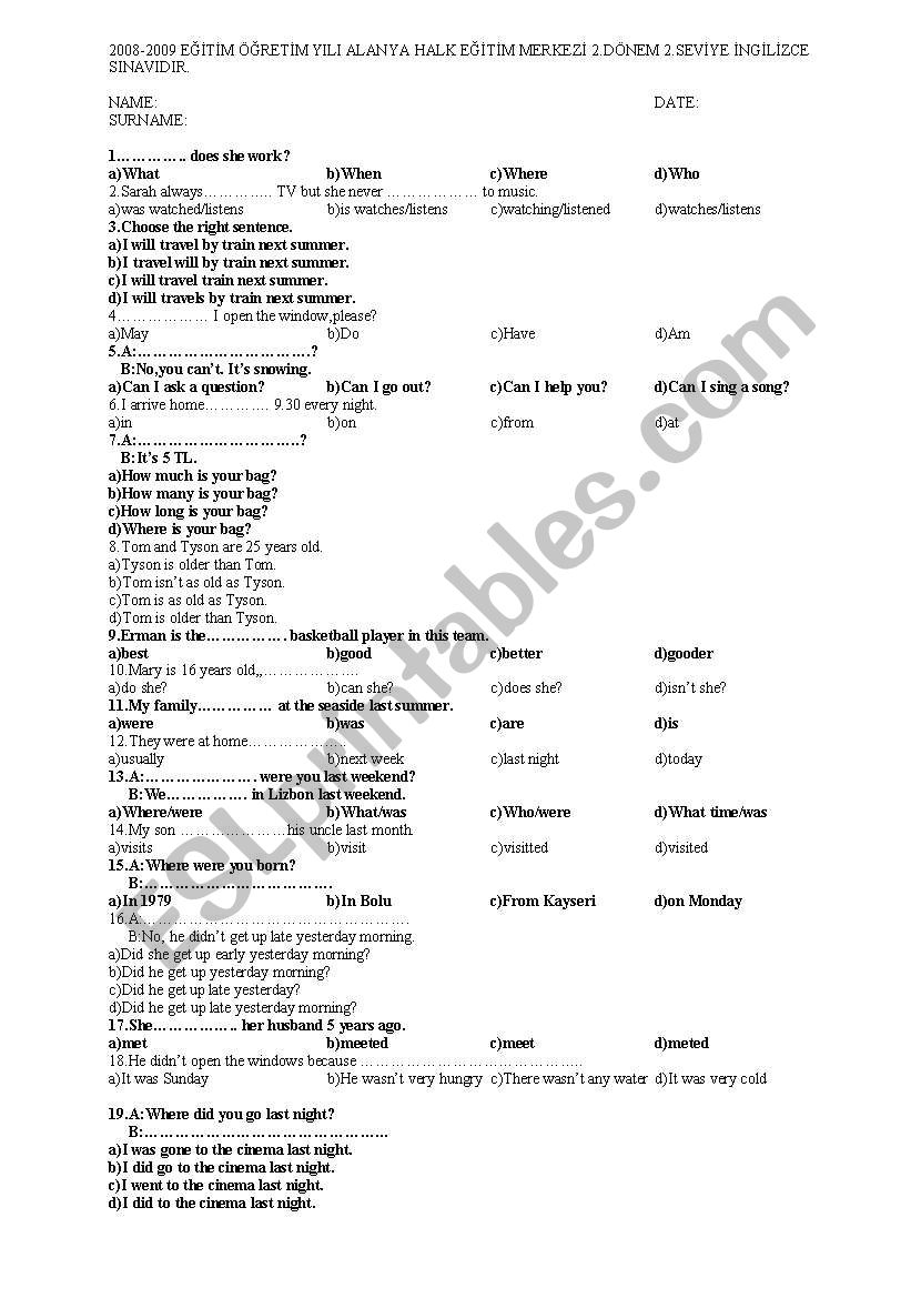 multiple choice test for intermediate students