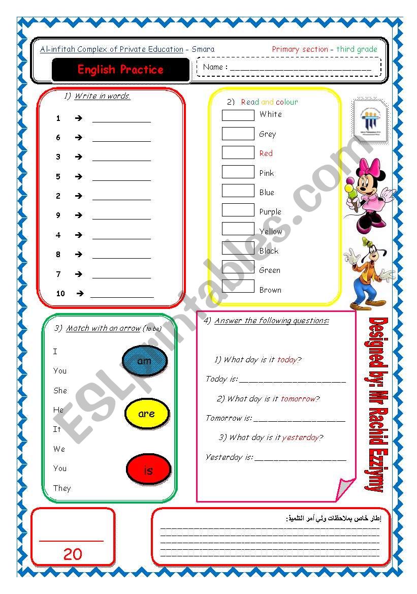 colors - numbers - to be - days of the week - ESL worksheet by rachid