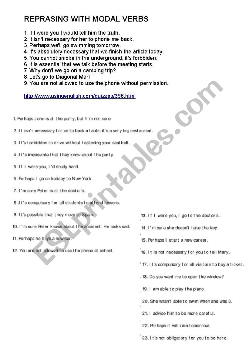 REPHRASING MODALS worksheet