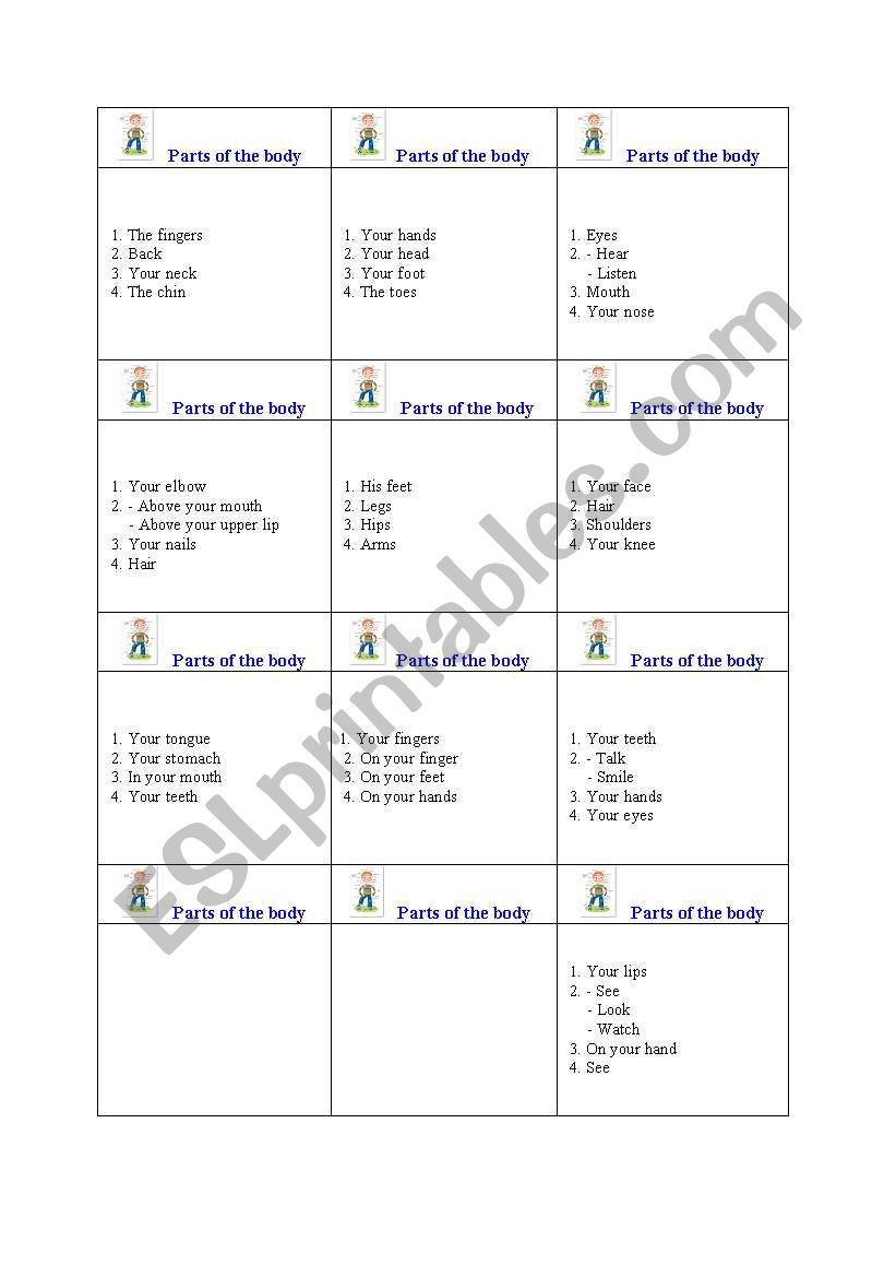 Board game cards worksheet