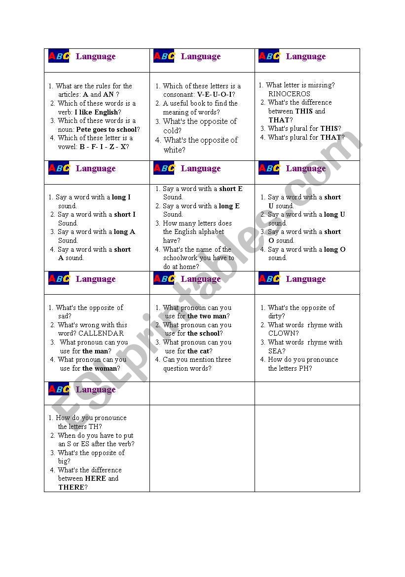 Board game cards worksheet