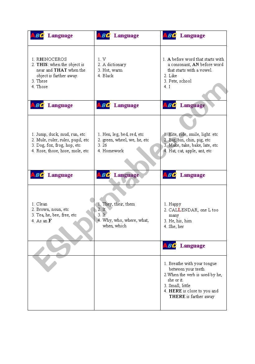 Board game cards worksheet