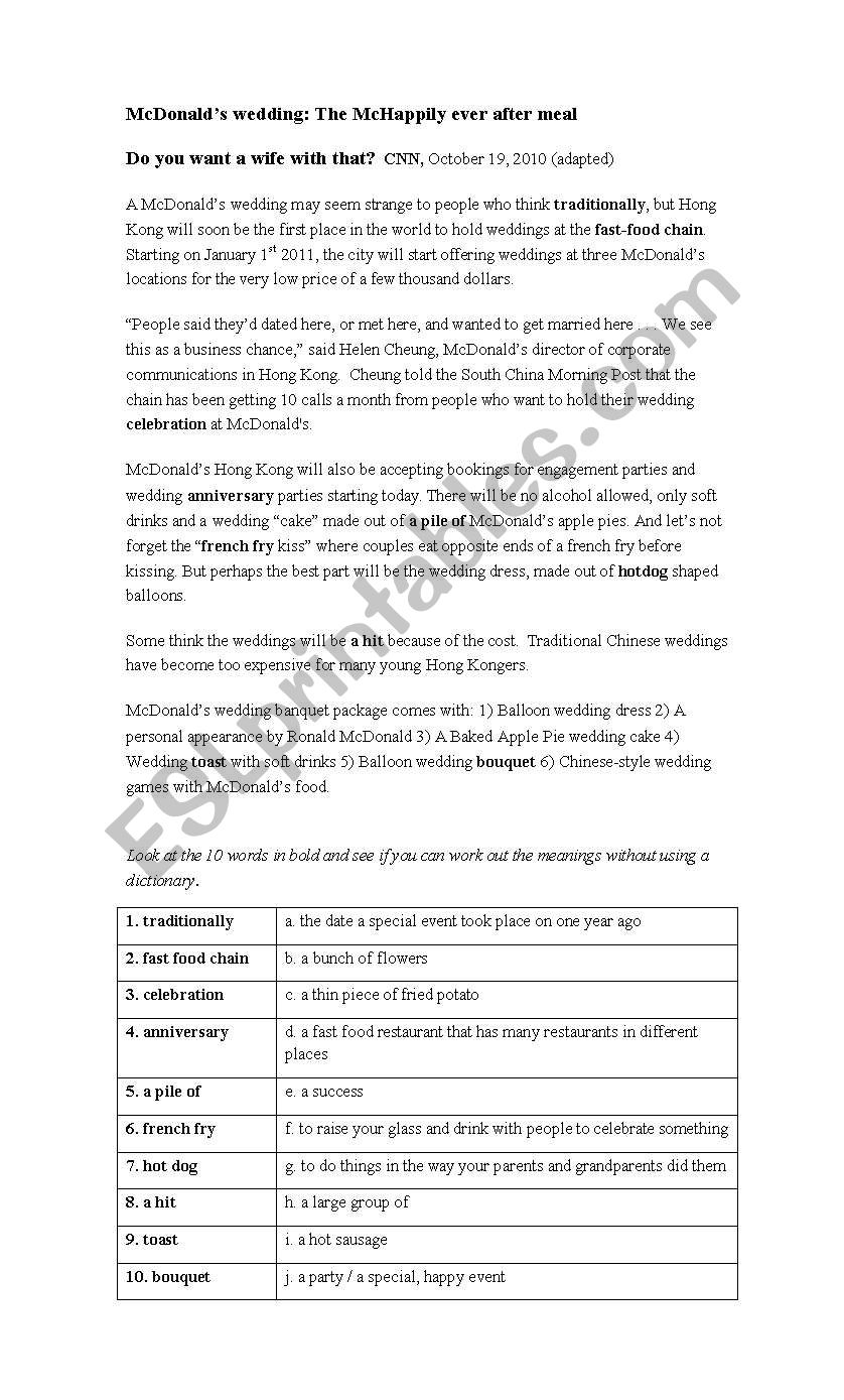 Weddings in McDonalds worksheet