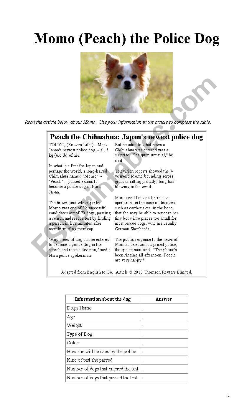 Momo (Peach) the Police Dog worksheet