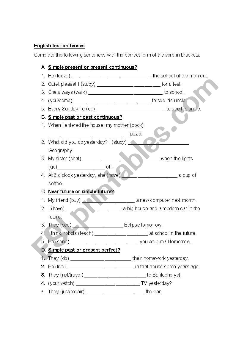 test on tenses worksheet