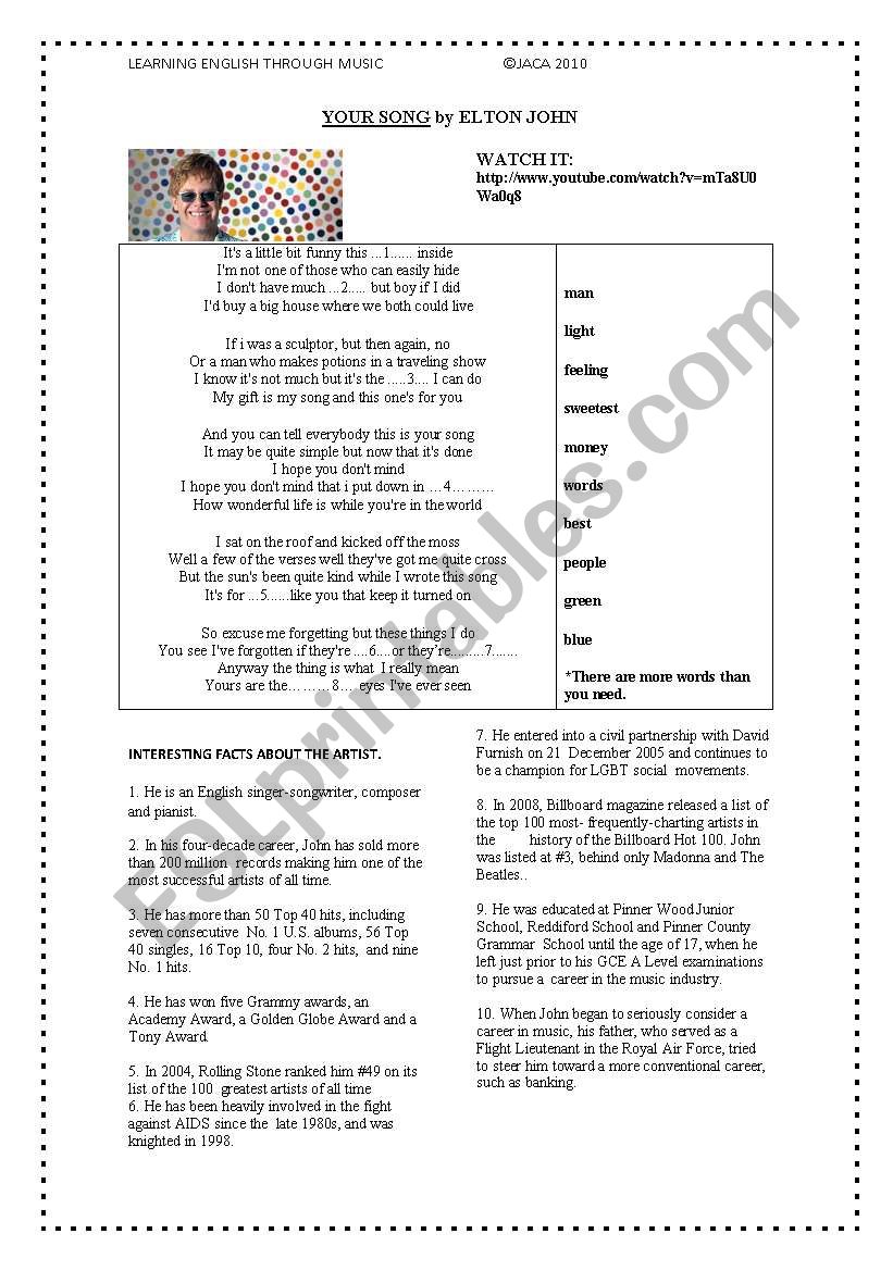 YOUR SONG: ELTON JOHN worksheet