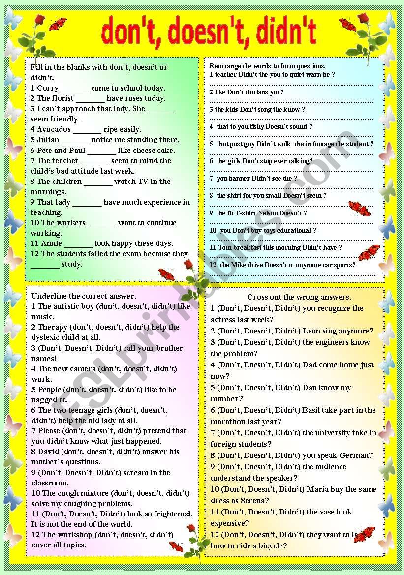 DON´T, DOESN´T, DIDN´T - WITH B/W VERSION AND ANSWER KEY - ESL ...