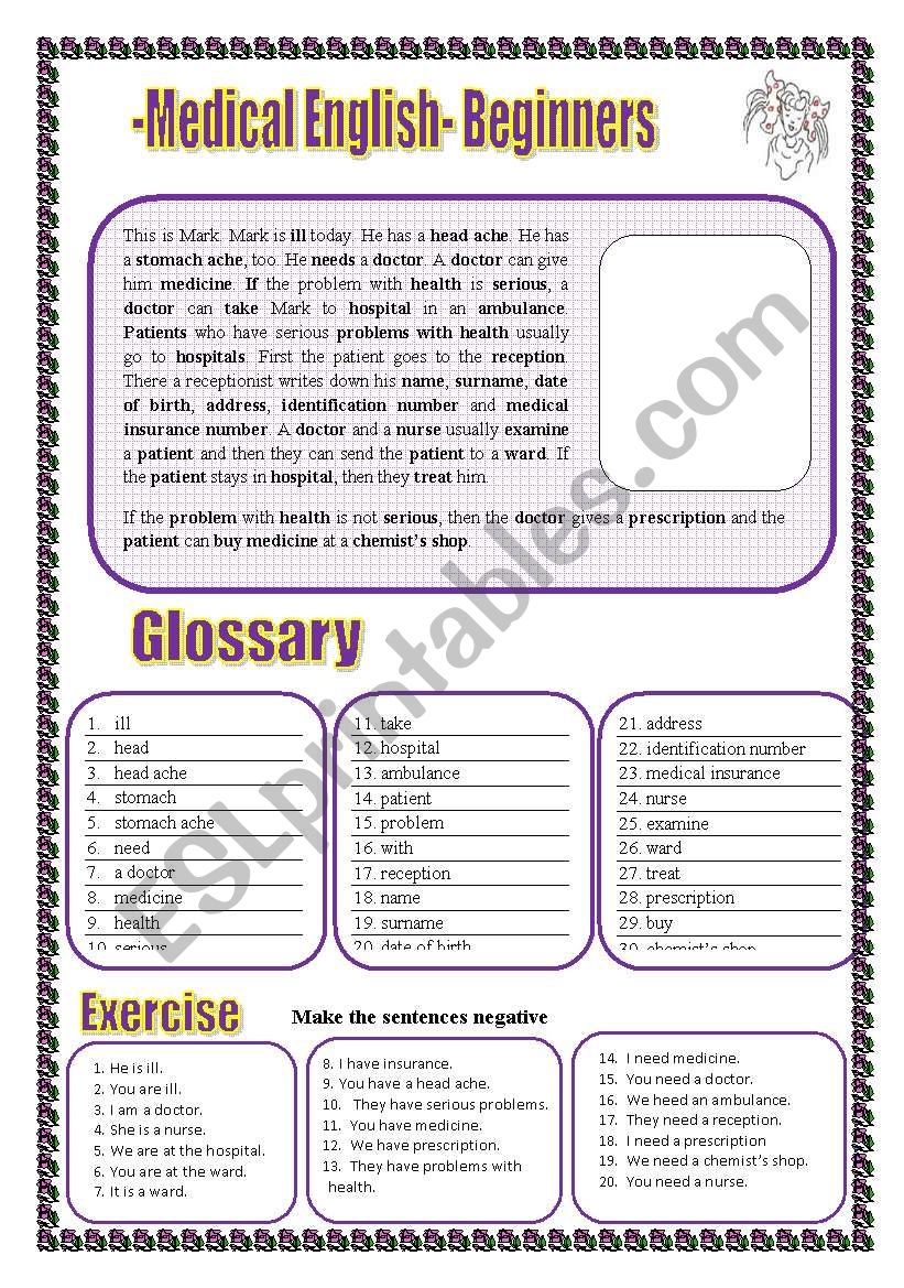 Medical English For Beginners Glossary A Text Exercises ESL Worksheet By Allakoalla