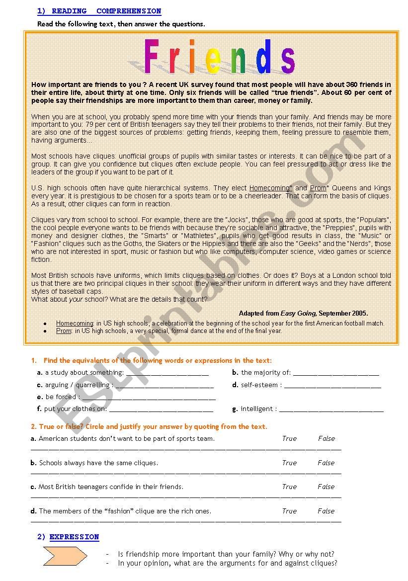 Friends and friendship worksheet