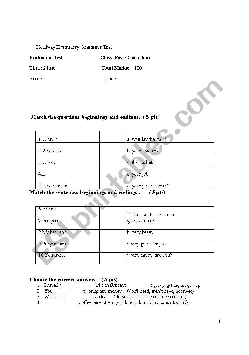 New Headway Elementary Grammar Test 