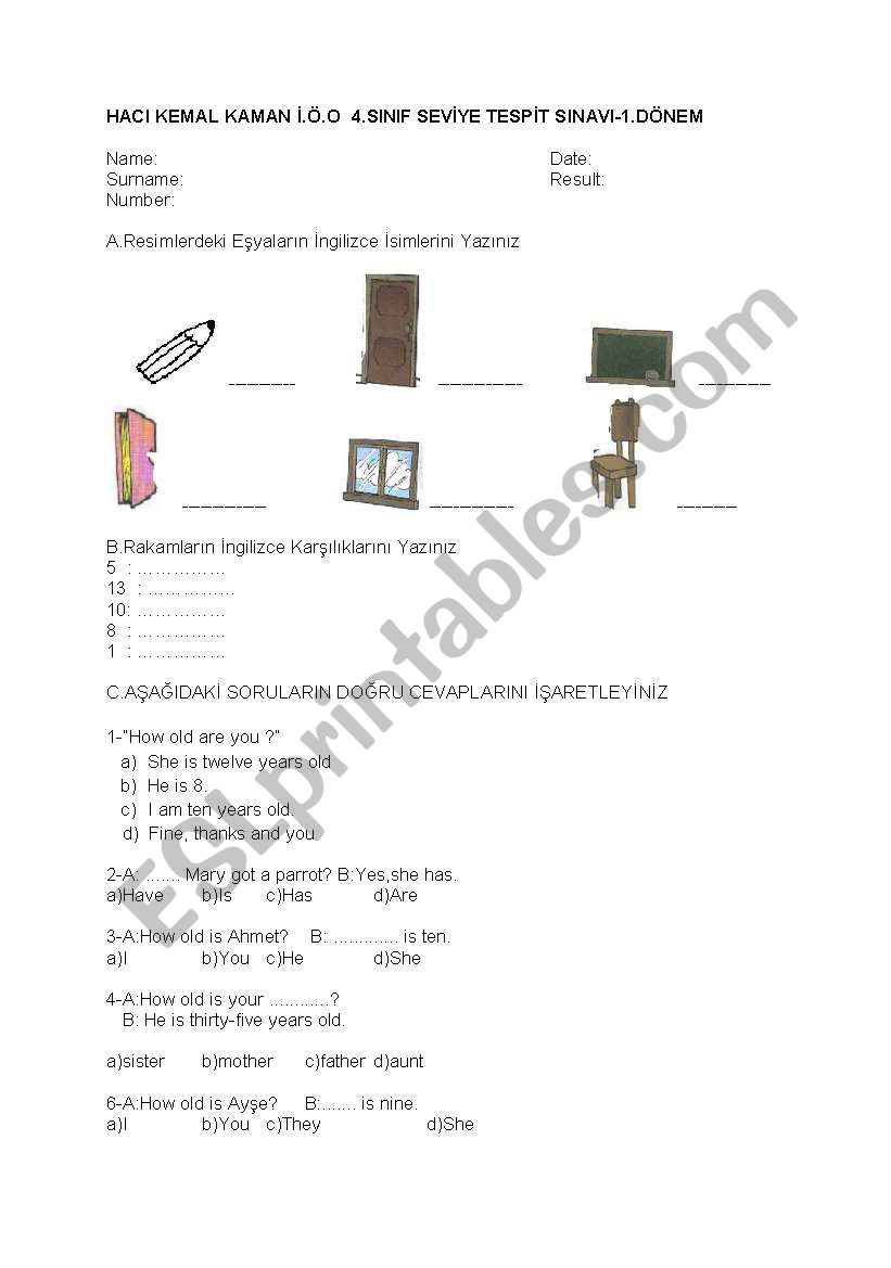 exam worksheet