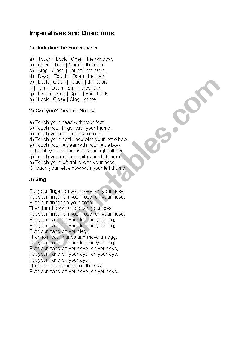 Imperative and Directions worksheet