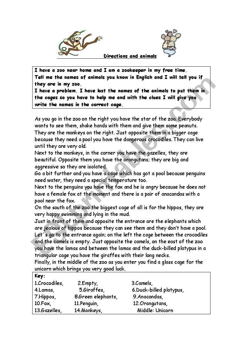 Directions and animals worksheet