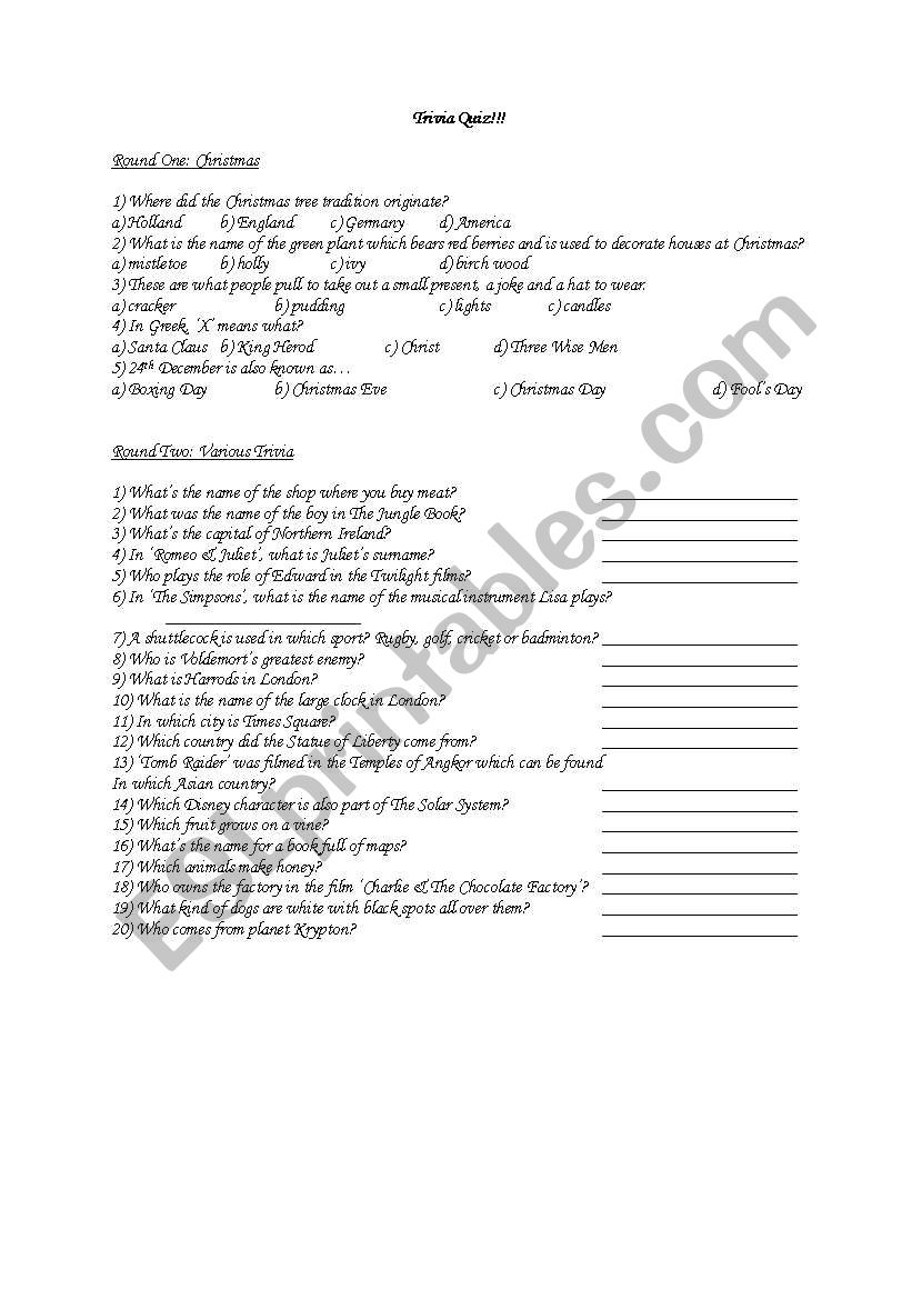 Mixed Trivia Quiz worksheet