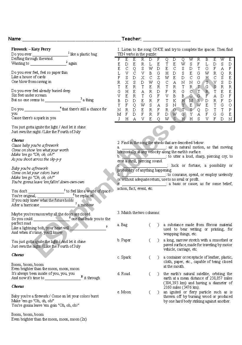 Katy Perry - Firework worksheet