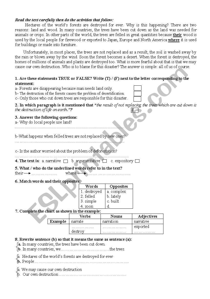 Deforestation worksheet