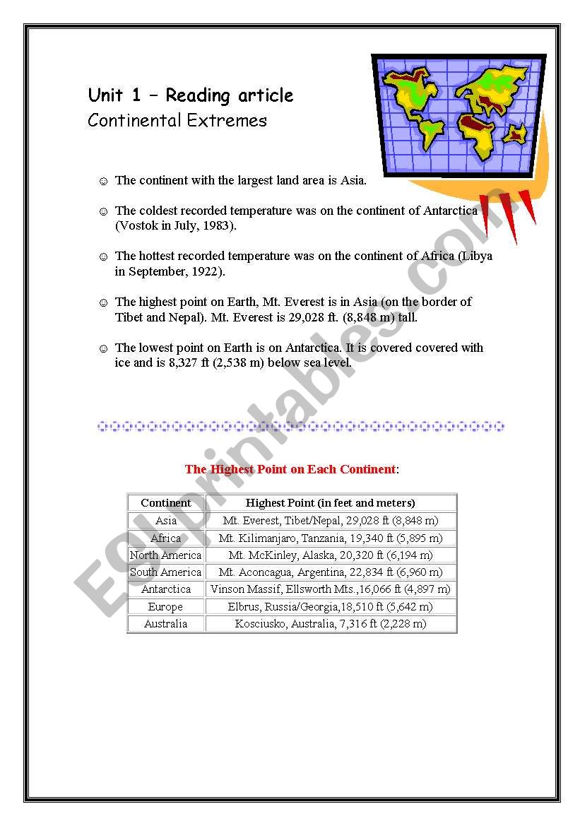 Continental Extremes worksheet