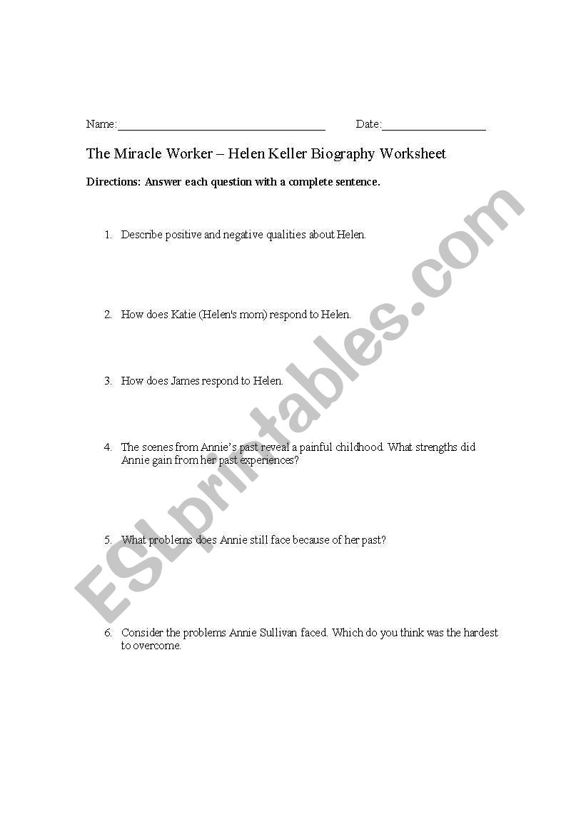 The Miracle Worker  worksheet