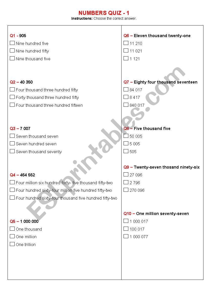 Numbers Quiz worksheet