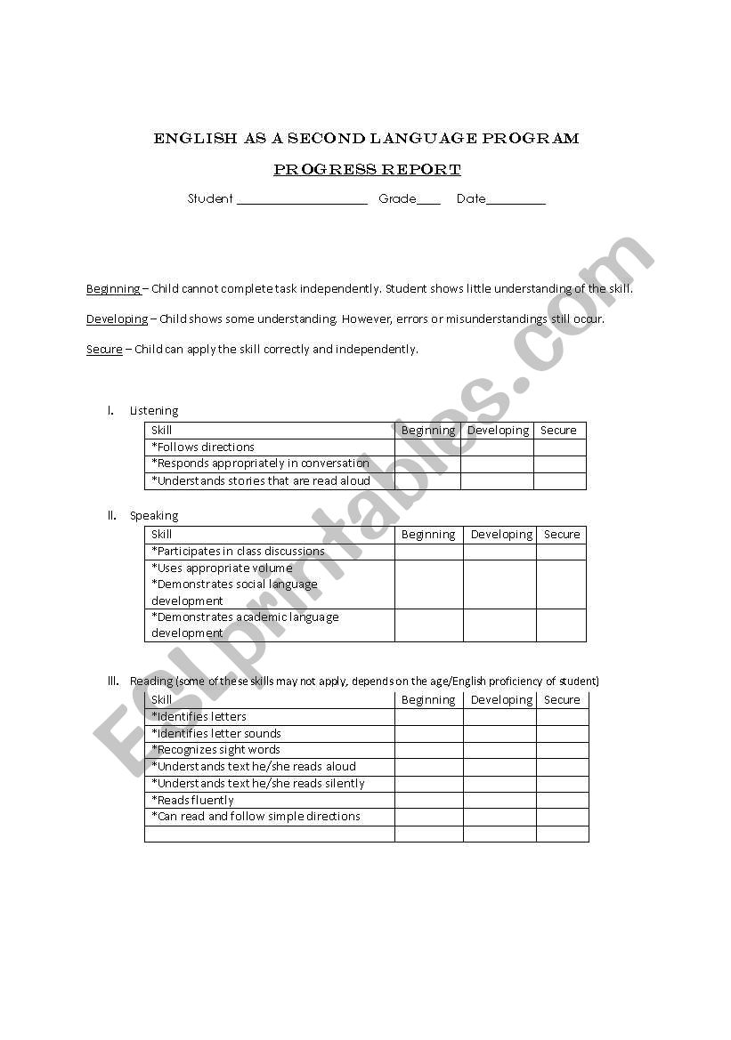 ESL Elementary Progress Report