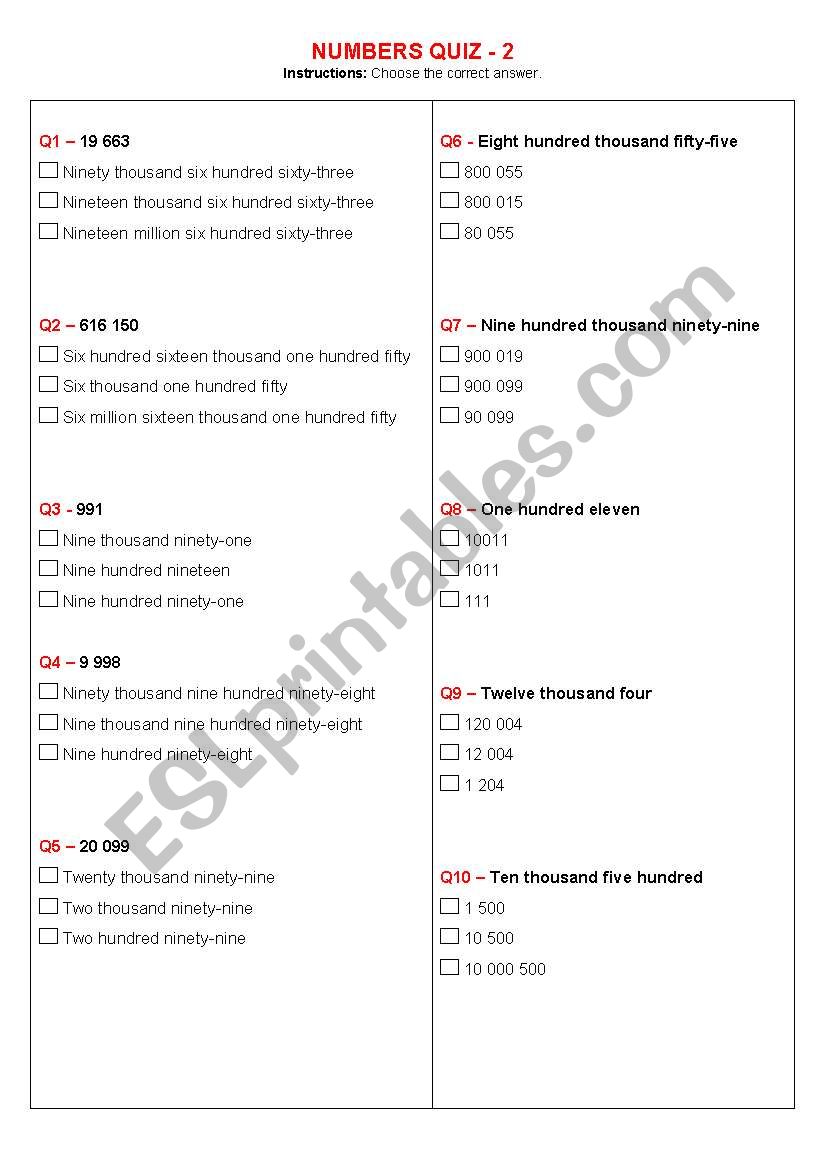 Numbers Quiz 2 worksheet