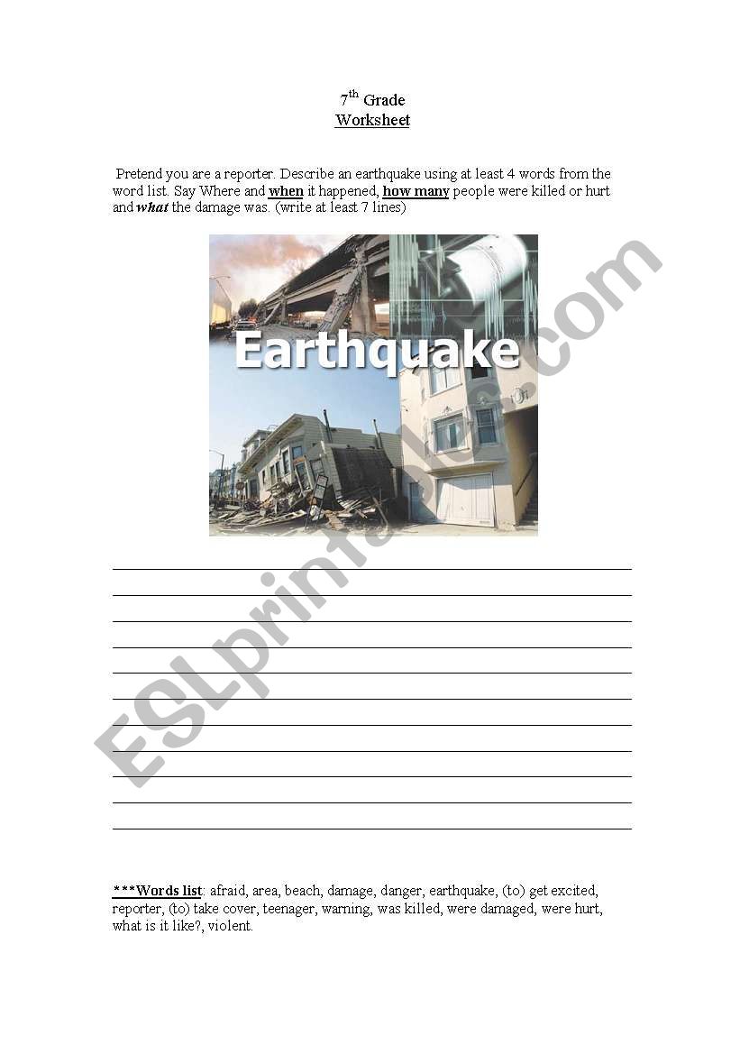 earthquake , nature disasters worksheet