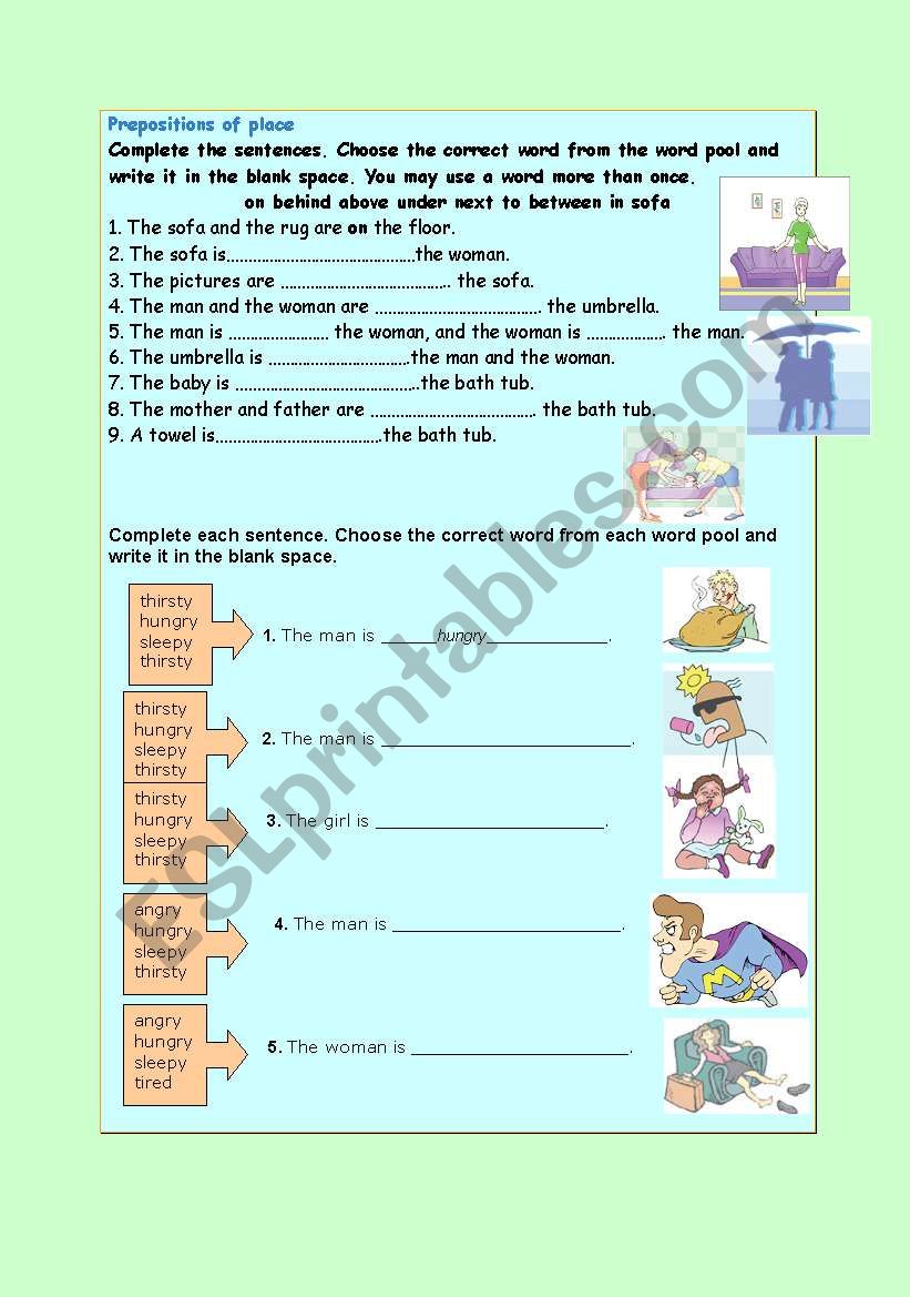 prepositions of place & adjectives