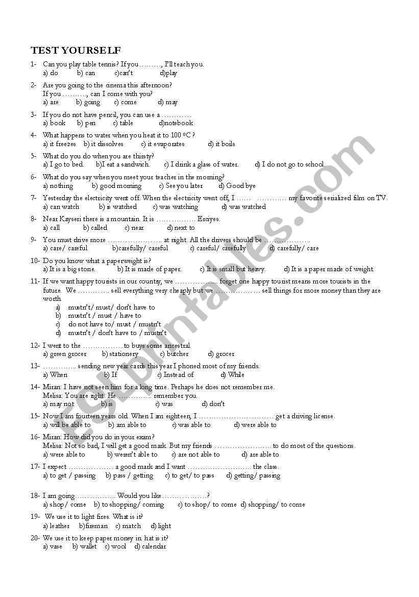 test for eight grades worksheet