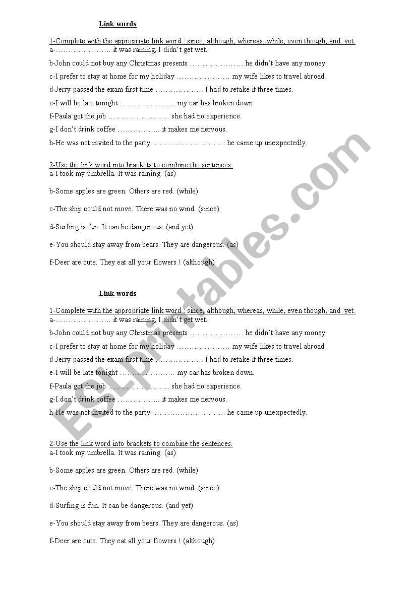 linking words worksheet