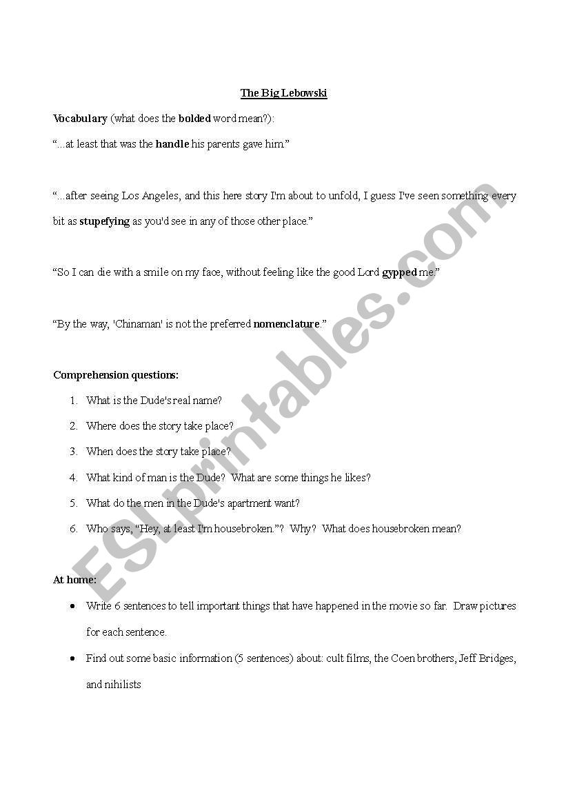 The Big Lebowski Worksheet worksheet
