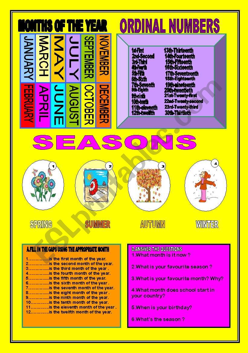Months of the year,ordinal numbers ,seasons and two activities related to these topics