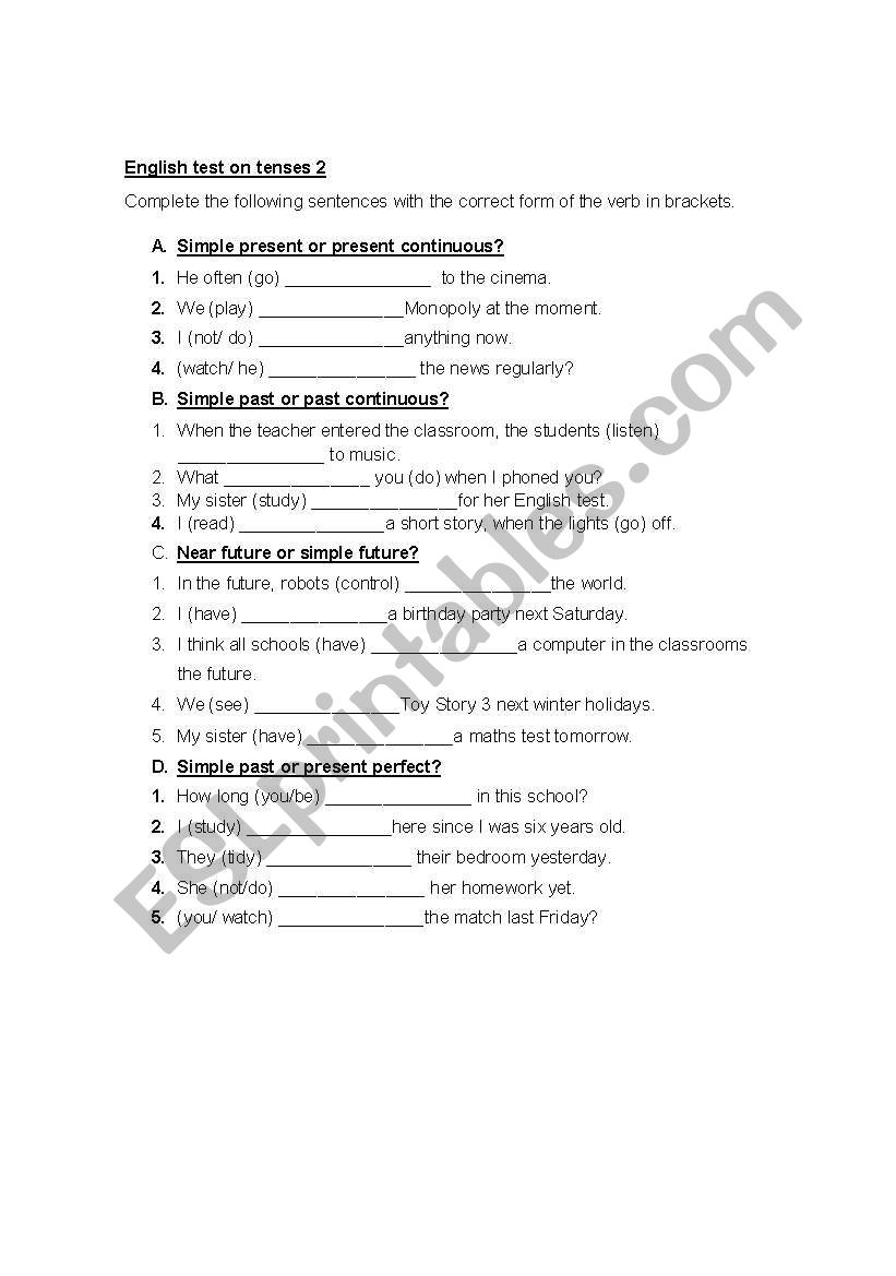 test on tenses 2 worksheet