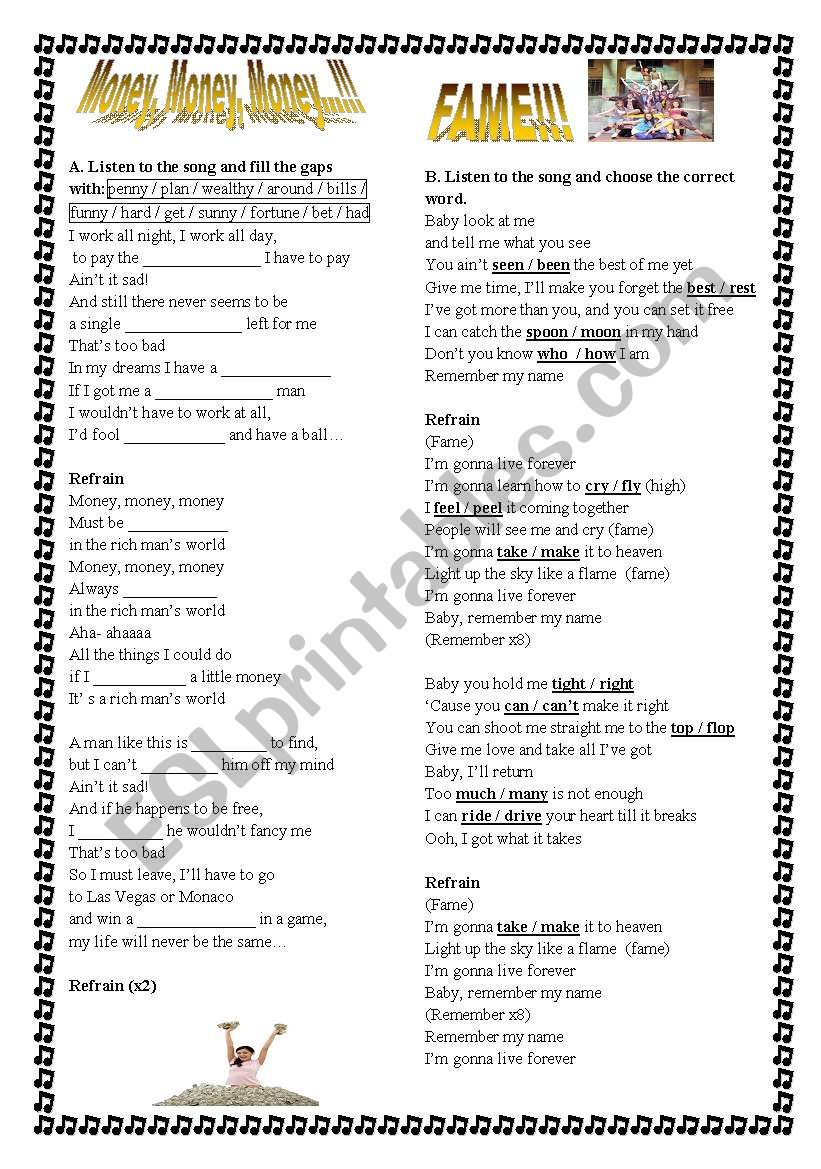 Money, Money, Money + Fame 1 worksheet